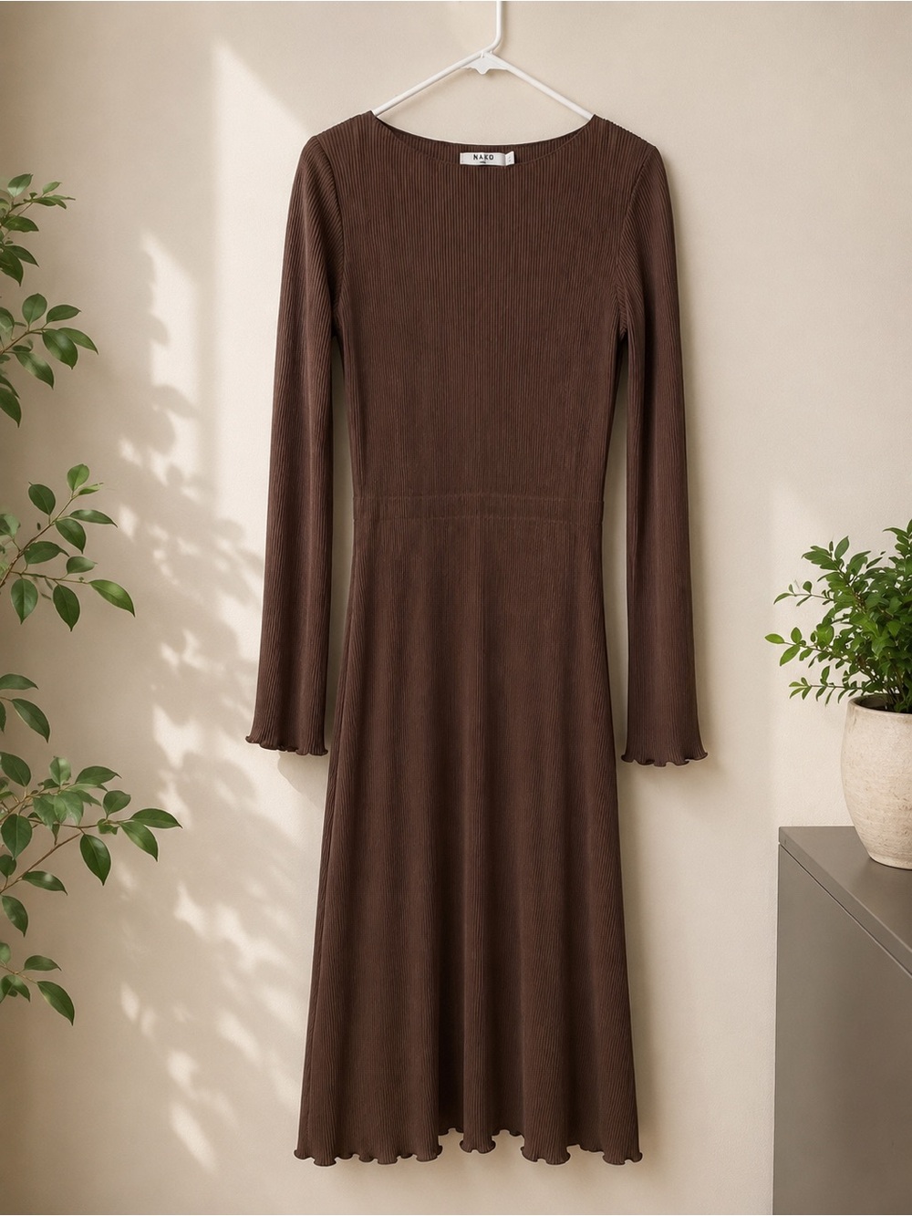 NAKD Brown Long Sleeve Ribbed Midi Dress